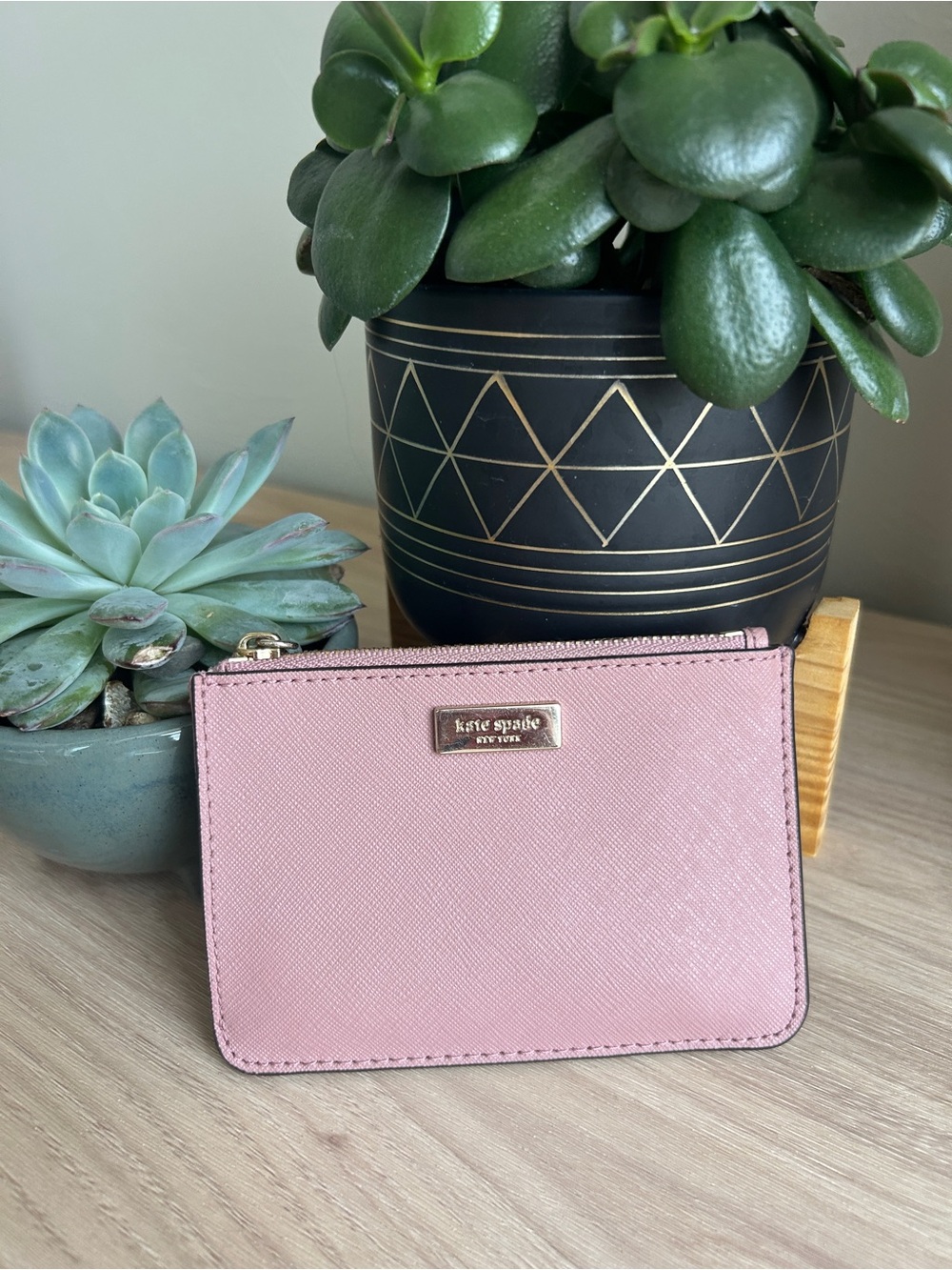 kate spade pink saffiano zip card pouch with gold logo